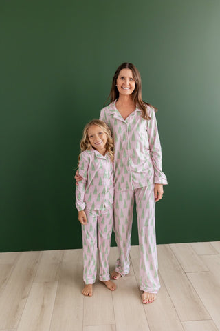 Kids Button Down PJs - Pink Christmas Tree - Sugar Bee Clothing