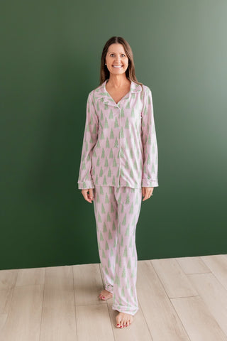 Adult Button Down PJs - Pink Christmas Tree - Sugar Bee Clothing