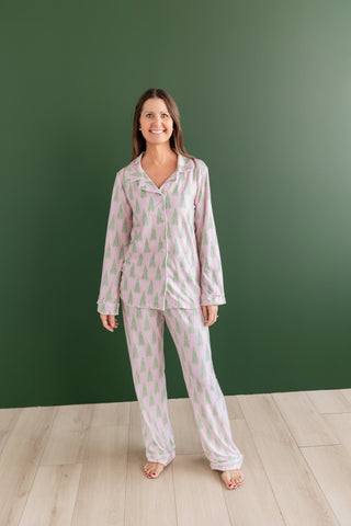 Adult Button Down PJs - Pink Christmas Tree - Sugar Bee Clothing