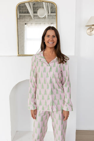 Adult Button Down PJs - Pink Christmas Tree - Sugar Bee Clothing