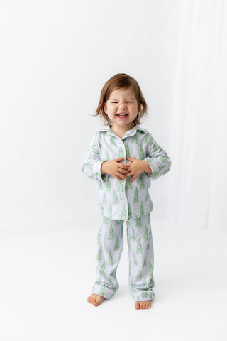 Kids Button Down Pajamas - Blue Christmas Tree Holiday Lounge - Sugar Bee Clothing