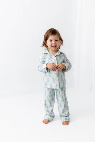 Kids Button Down Pajamas - Blue Christmas Tree Holiday Lounge - Sugar Bee Clothing