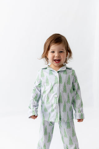 Kids Button Down Pajamas - Blue Christmas Tree Holiday Lounge - Sugar Bee Clothing