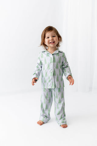 Kids Button Down Pajamas - Blue Christmas Tree Holiday Lounge - Sugar Bee Clothing
