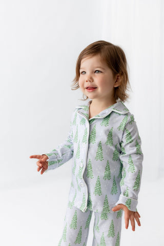 Kids Button Down Pajamas - Blue Christmas Tree Holiday Lounge - Sugar Bee Clothing