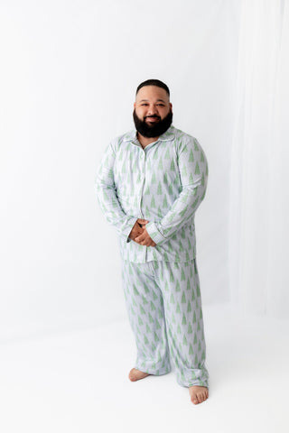Adult Button Down Pajamas - Blue Christmas Tree Holiday Lounge - Sugar Bee Clothing