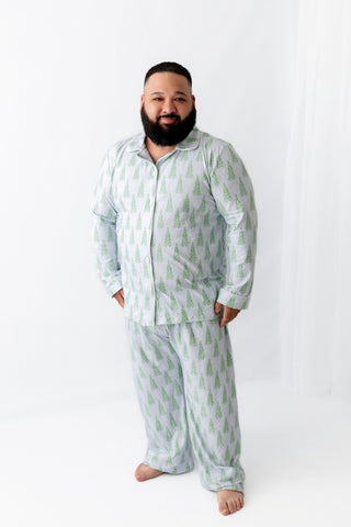 Adult Button Down Pajamas - Blue Christmas Tree Holiday Lounge - Sugar Bee Clothing