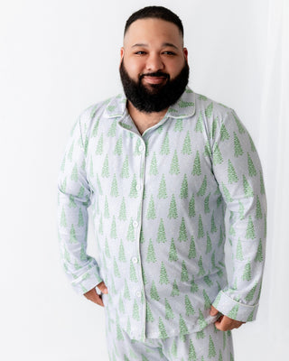 Adult Button Down Pajamas - Blue Christmas Tree Holiday Lounge - Sugar Bee Clothing