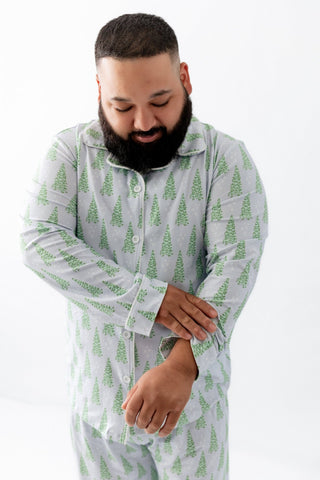 Adult Button Down Pajamas - Blue Christmas Tree Holiday Lounge - Sugar Bee Clothing