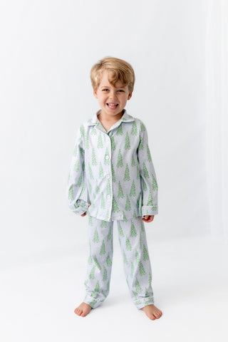 Kids Button Down Pajamas - Blue Christmas Tree Holiday Lounge - Sugar Bee Clothing