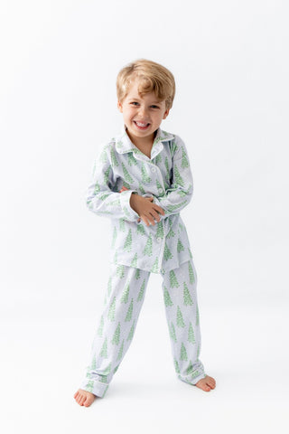 Kids Button Down Pajamas - Blue Christmas Tree Holiday Lounge - Sugar Bee Clothing