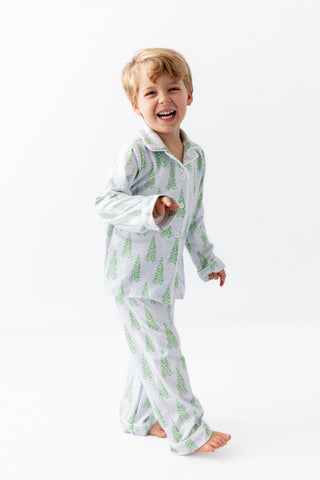Kids Button Down Pajamas - Blue Christmas Tree Holiday Lounge - Sugar Bee Clothing