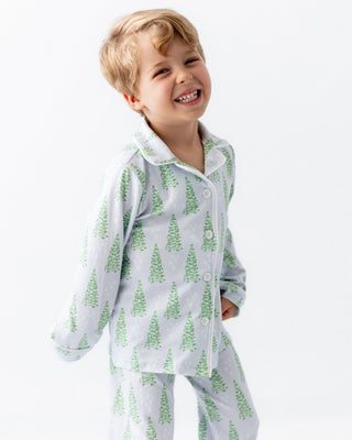 Kids Button Down Pajamas - Blue Christmas Tree Holiday Lounge - Sugar Bee Clothing