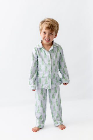 Kids Button Down Pajamas - Blue Christmas Tree Holiday Lounge - Sugar Bee Clothing