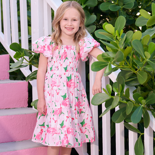 Lucy Smocked Tiered Puffy Sleeve Dress - Floral Flamingos - Sugar Bee Clothing