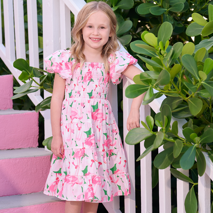 Lucy Smocked Tiered Puffy Sleeve Dress - Floral Flamingos