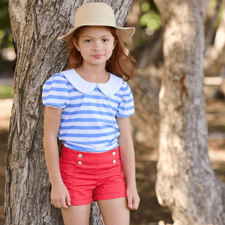 Amelia Peter Pan Puff Sleeve Tee - Blue Stripe - Sugar Bee Clothing