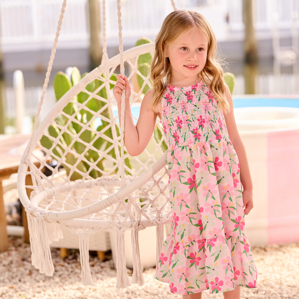 Sofia Sweetheart Smocked Tank Dress - Colorful Hibiscus