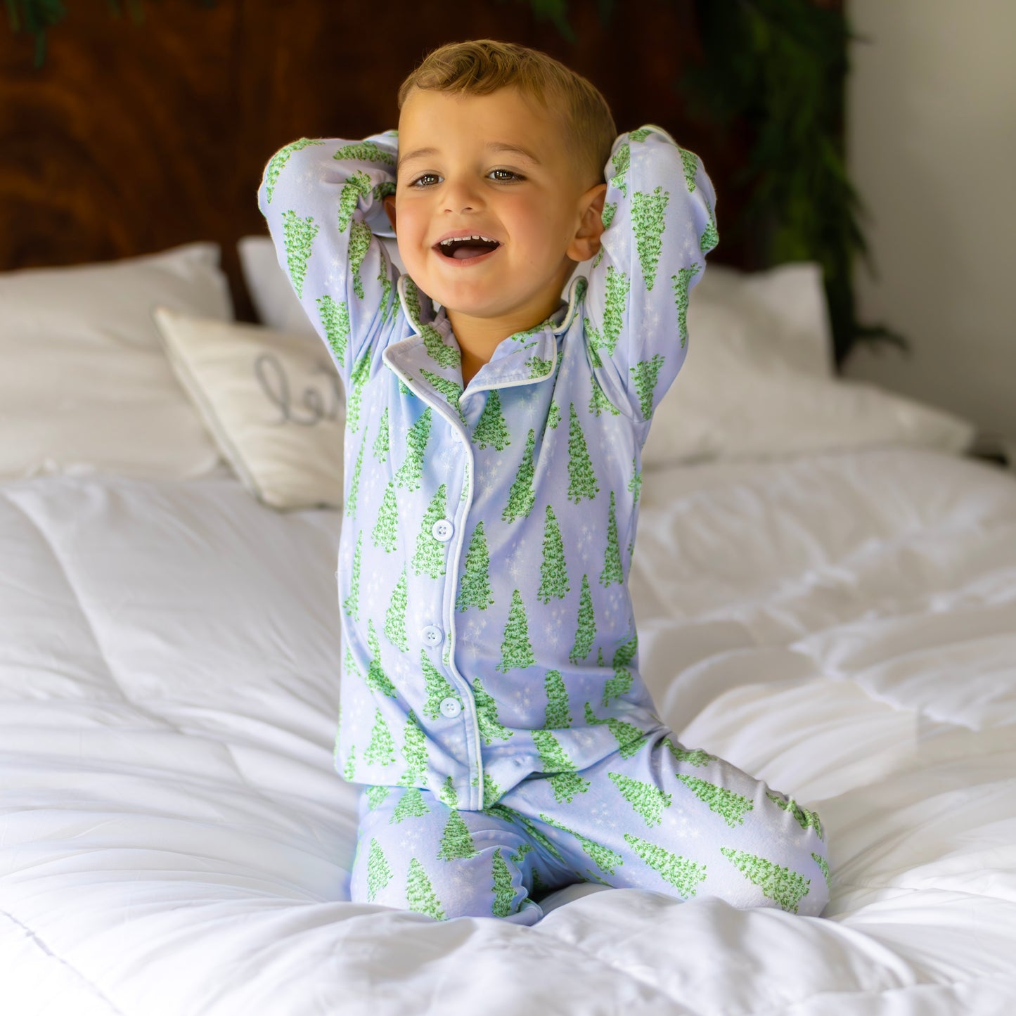 Button Down Pajamas - Blue Christmas Tree Holiday Lounge