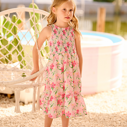 Sofia Sweetheart Smocked Tank Dress - Colorful Hibiscus