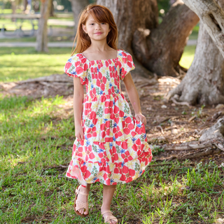 Lucy Smocked Tiered Puffy Sleeve Dress - Red Pinwheel - Sugar Bee Clothing
