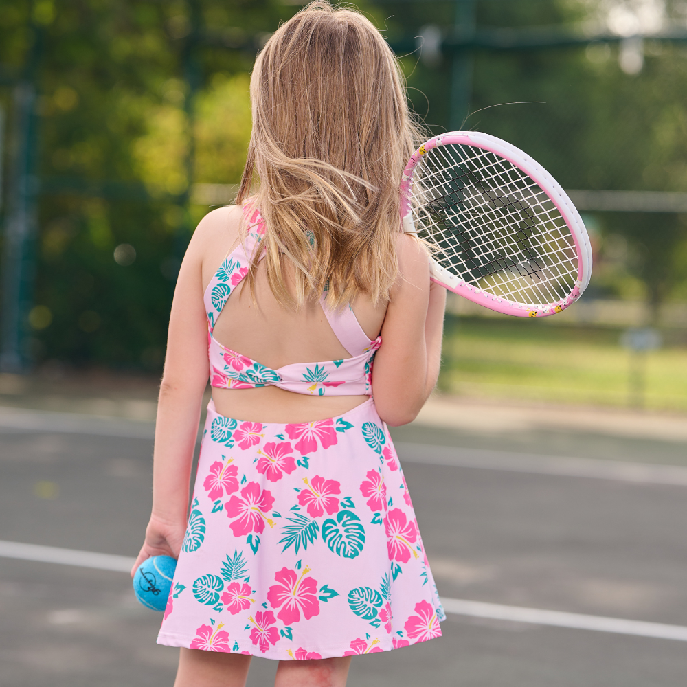 Mini Dallas  Halter Tennis Dress - Teal Hibiscus