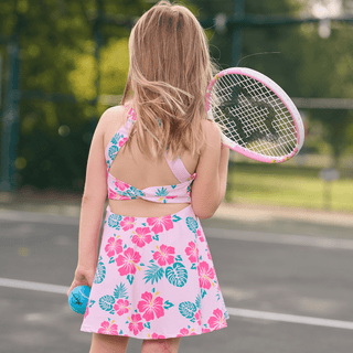 Mini Dallas Halter Tennis Dress - Teal Hibiscus - Sugar Bee Clothing