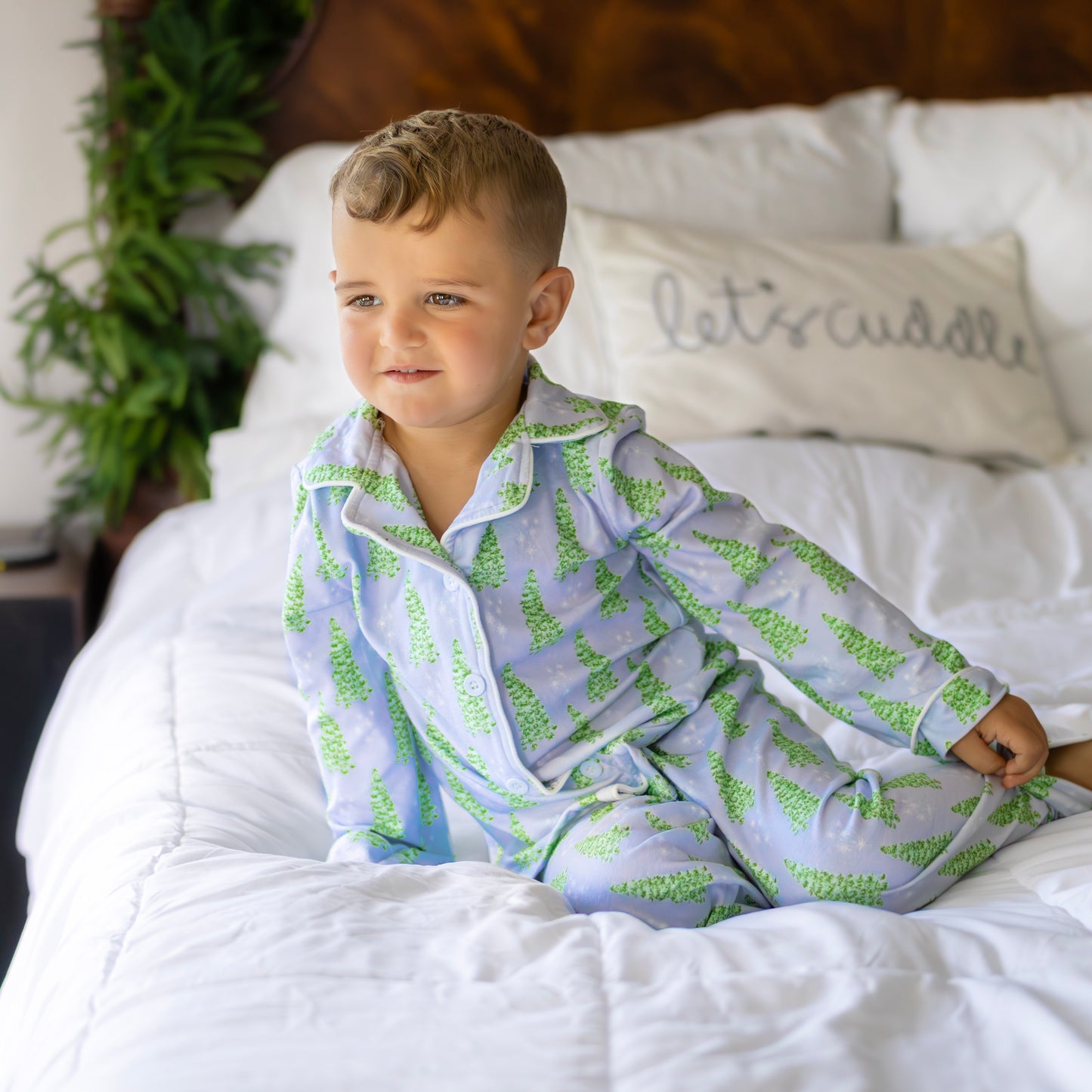 Button Down Pajamas - Blue Christmas Tree Holiday Lounge
