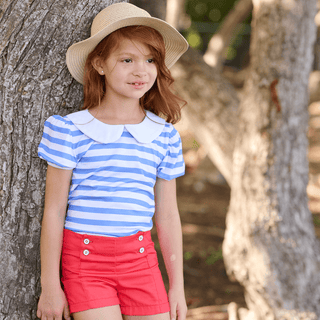 Amelia Peter Pan Puff Sleeve Tee - Blue Stripe - Sugar Bee Clothing