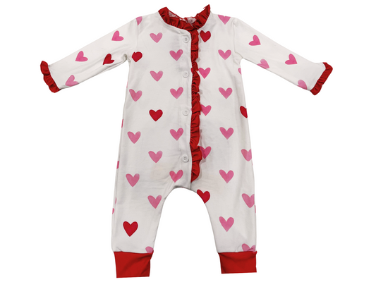 One-piece Ruffle Buttflap Pajamas - Pink Hearts