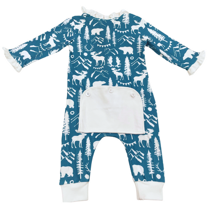 One-Piece Ruffle Buttflap Pajams - Blue Mountain Animals