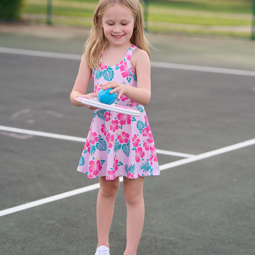 Mini Dallas  Halter Tennis Dress - Teal Hibiscus