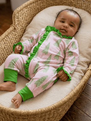 Baby Ruffle Buttflap Pajamas - Pink Christmas Tree Holiday Lounge - Sugar Bee Clothing