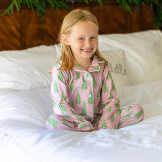 Kids Button Down PJs - Pink Christmas Tree - Sugar Bee Clothing