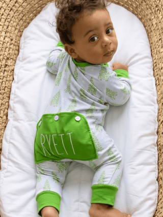 Baby Buttflap Pajamas - Blue Christmas Tree Holiday Lounge - Sugar Bee Clothing
