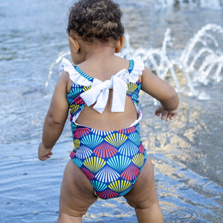 Bow Back Swimsuit - Rainbow Shells on Navy - Sugar Bee Clothing
