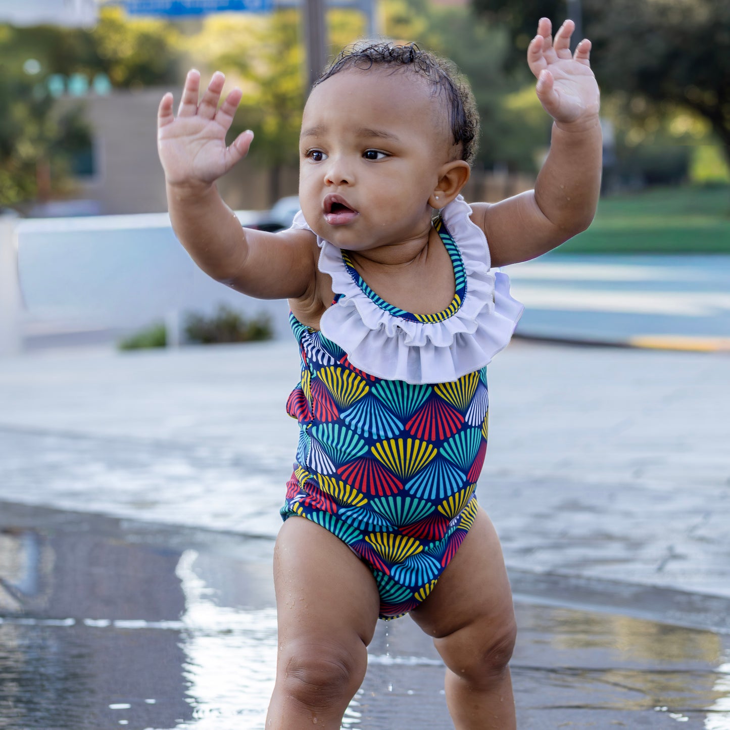 Bow Back Swimsuit - Rainbow Shells on Navy