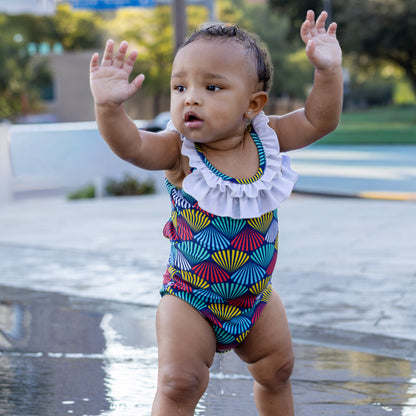 Bow Back Swimsuit - Rainbow Shells on Navy