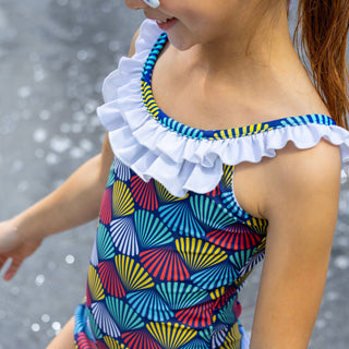 Bow Back Swimsuit - Rainbow Shells on Navy - Sugar Bee Clothing