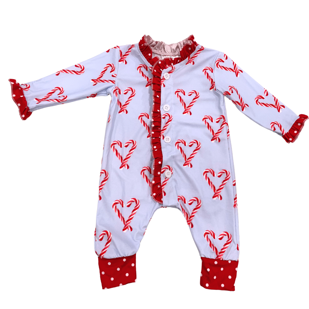 One-piece Ruffle Buttflap Pajamas - Candy Cane Hearts