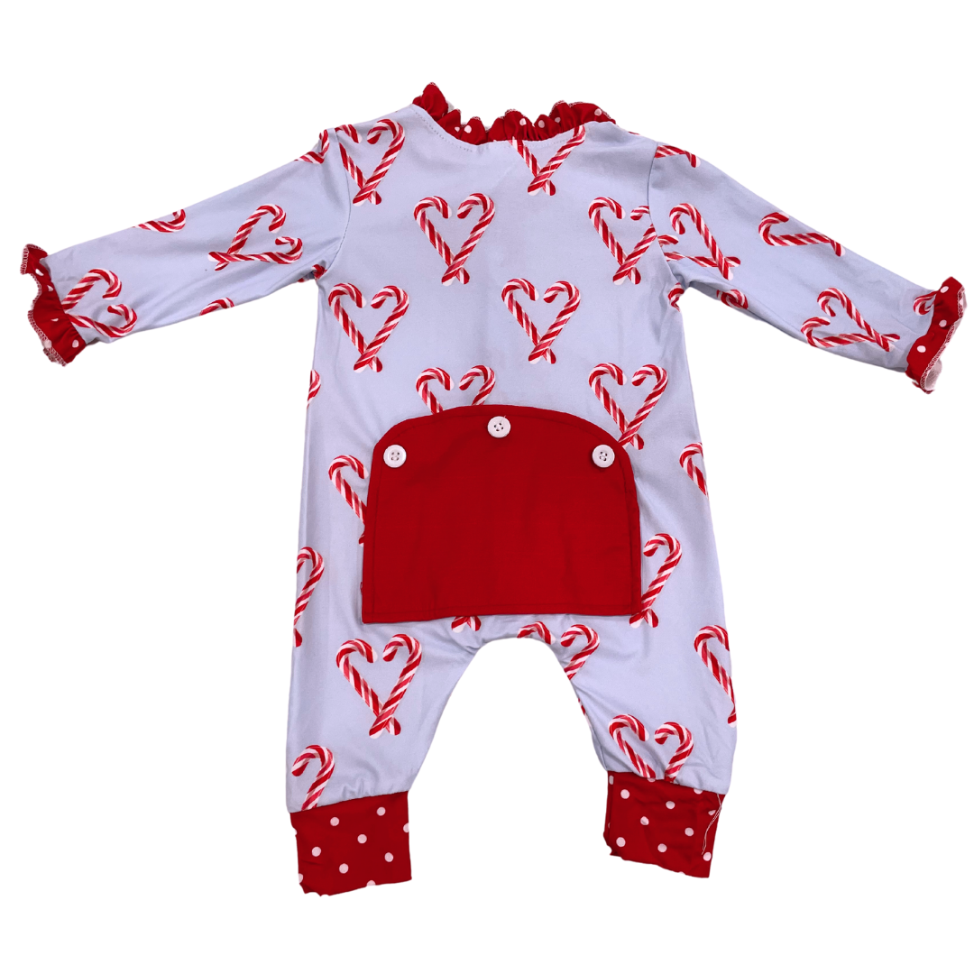 One-piece Ruffle Buttflap Pajamas - Candy Cane Hearts