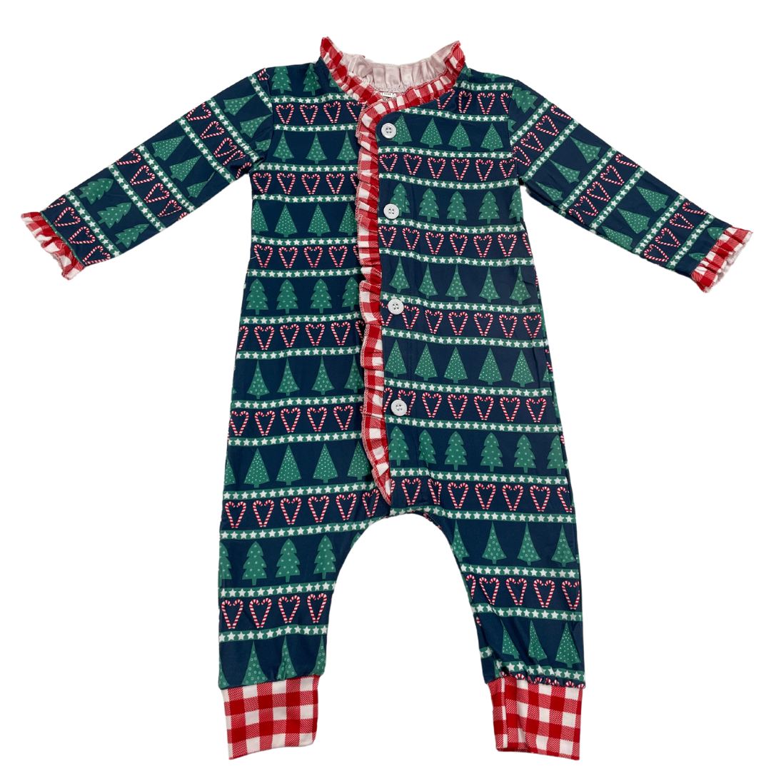 Ruffle Buttflap Pajamas - Trees And Candy Canes