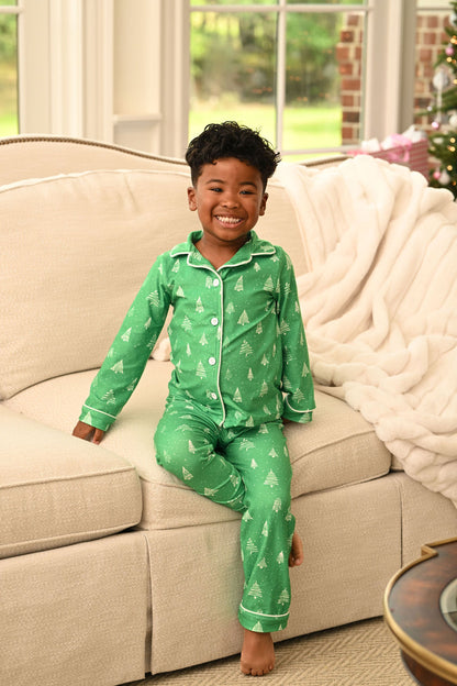 Button Down Pajamas- White Trees On Green Holiday Lounge