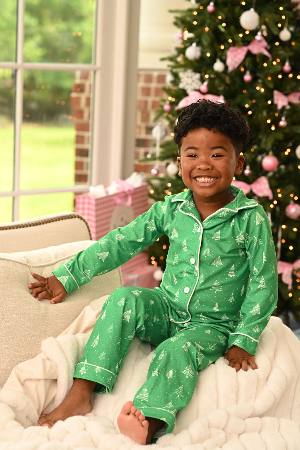 Button Down Pajamas White Trees On Green Holiday Lounge