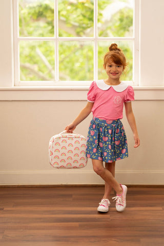 Pocket Skort - Pink Apples on Blue - Sugar Bee Clothing