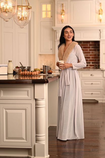 Eleanor Fur Trimmed Robe - Cafe Au Lait