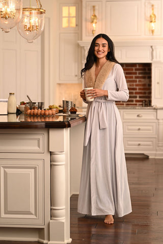 Eleanor Fur Trimmed Robe - Cafe Au Lait - Sugar Bee Clothing