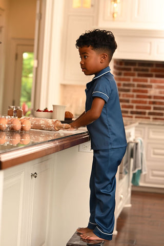 Charlie Satin Separates - Navy Short Sleeve Top - Sugar Bee Clothing