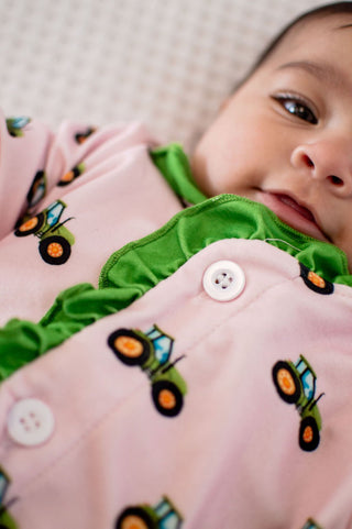 One - Piece Ruffle Buttflap Pajamas - Tractors On Pink - Sugar Bee Clothing