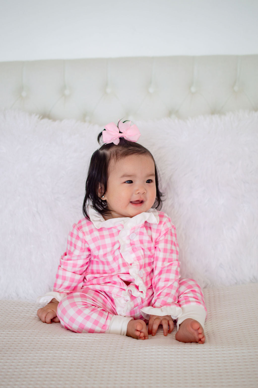 One-Piece Ruffle Buttflap Pajamas - Pink Gingham